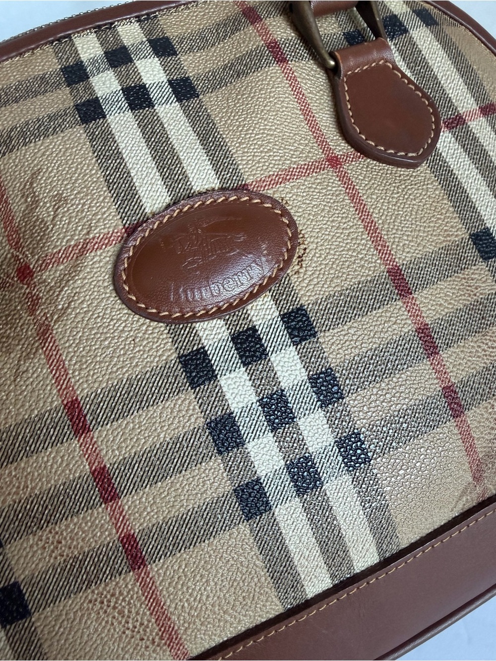 Burberry Beige Plaid Dome Satchel with Brown Leather Trim - Picture 10 of 13